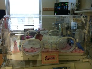 Emma in her glass bed, just like Sleeping Beauty.